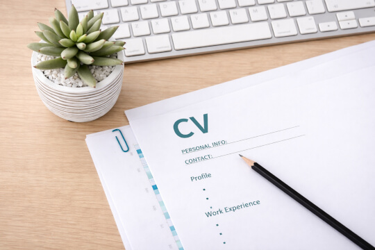 Lebenslauf mit Stift auf Schreibtisch neben Tastatur und Pflanze