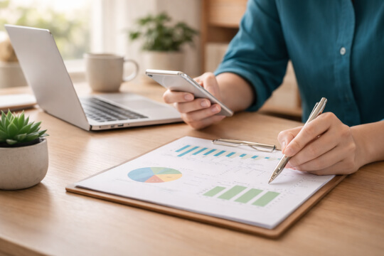 Person analysiert Diagramme mit Smartphone und Laptop am Arbeitsplatz