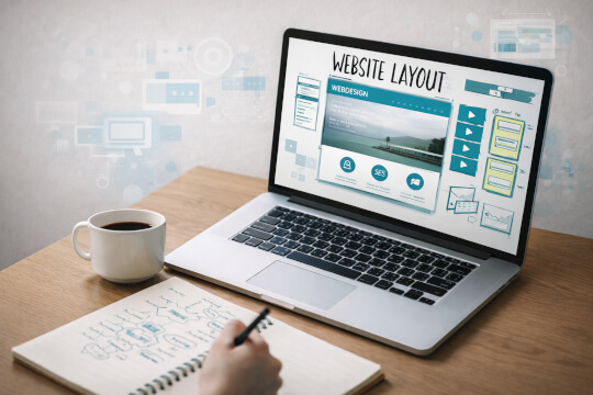 Webdesign-Layout auf Laptop mit Notizen auf dem Schreibtisch