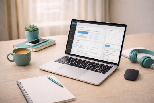 Laptop mit digitalem Kalender auf Schreibtisch mit Notizbuch, Kaffee und Kopfhörern